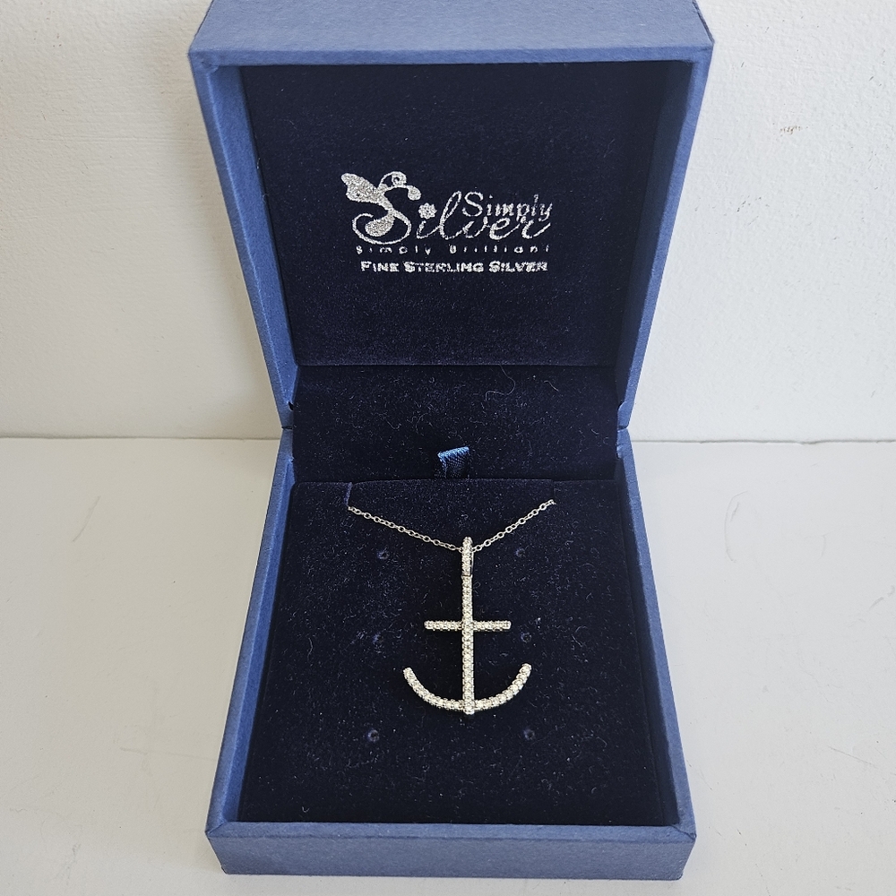 Sterling Silver 925 Italian Necklace With Anchor pendant Rhinestones